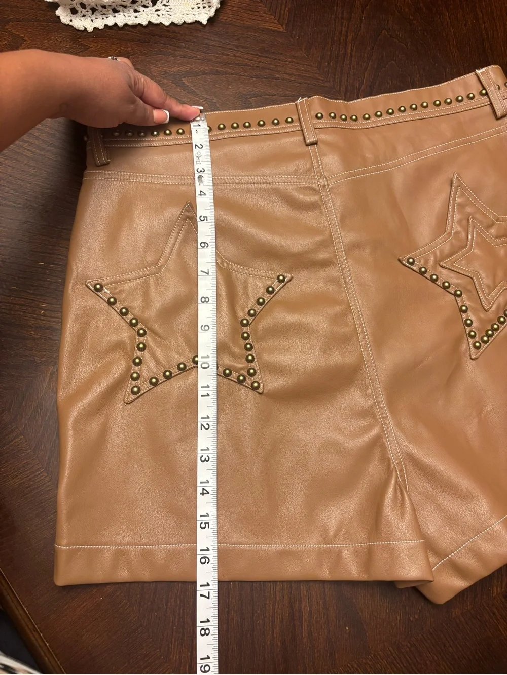 NWT Nasty Gal Tan Premium Faux Leather Studded Shorts- Size 12 - Picture 6 of 7